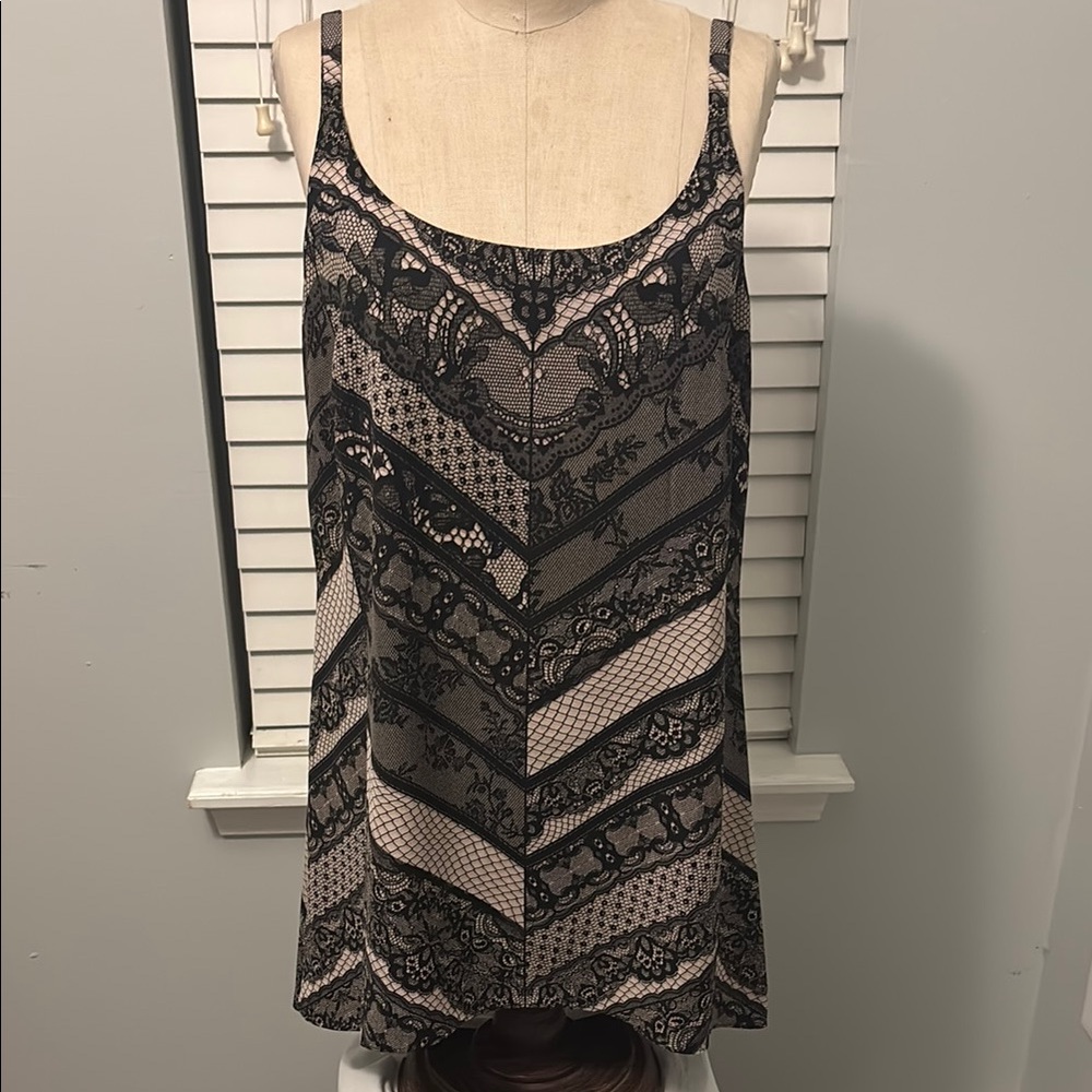 CAbi Black and Pink Mini Dress with Lace Details